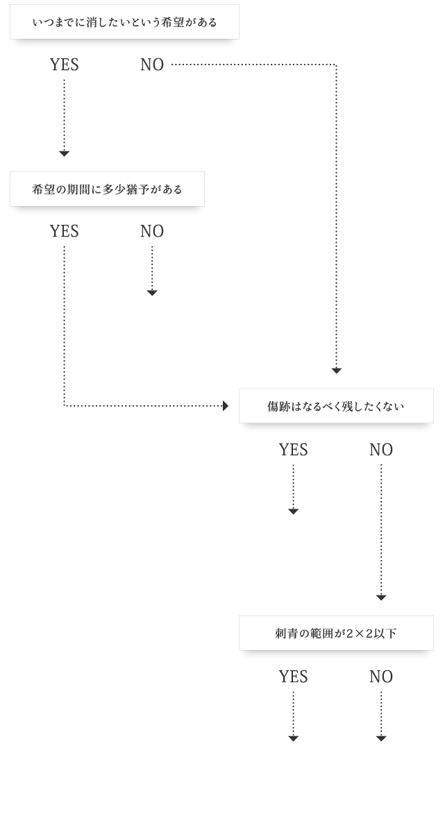 いつまでに消したいという希望がある YES NO 希望の期間に多少猶予がある YES NO 傷跡はなるべく残したくない YES NO 刺青の範囲が2×2以下 YES NO
