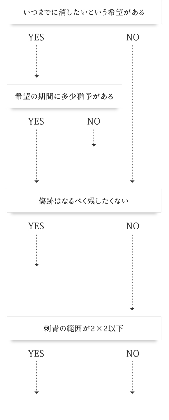 いつまでに消したいという希望がある YES NO 希望の期間に多少猶予がある YES NO 傷跡はなるべく残したくない YES NO 刺青の範囲が2×2以下 YES NO